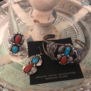 Sterling Silver Turquoise & Coral Native Jewelry